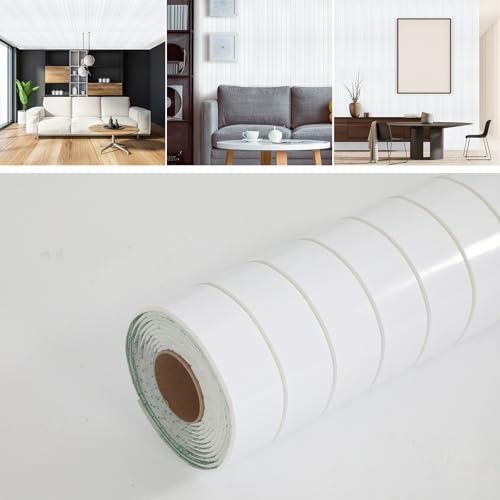 3D Wood Effect Self Adhesive Wallpaper, 40cm x 3m Wooden Slats Wrap Wall Paper Peel and Stick, Waterproof Faux Wood Panel Wall Covering Paper Roll for Living Room, Bedroom, Furniture (White)