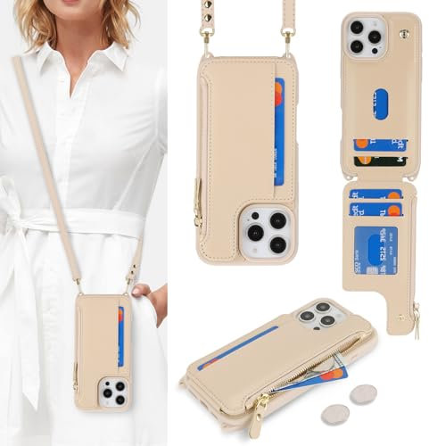 SailorTech for iPhone 16 Pro Max Phone Case with Credit Card Holder for Women, iPhone 16 Pro Max Leather Case Wallet Crossbody with Credit Card Slots Zipper Shockproof Case for Men - Beige