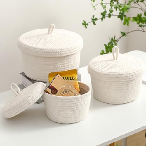 WANSHI körbe mit deckel geflochten,aufbewahrungskorb geflochten mit deckel,korb rund geflochten mit deckel,Yarn, Nursery Accessories, Snacks (weiß)