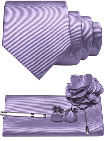 JEMYGINS Cravatta da uomo in twill con design in tinta unita con gemelli Pocket Square, fermacravatta e spilla floreale, set regalo per feste, business, matrimoni, lilla., M