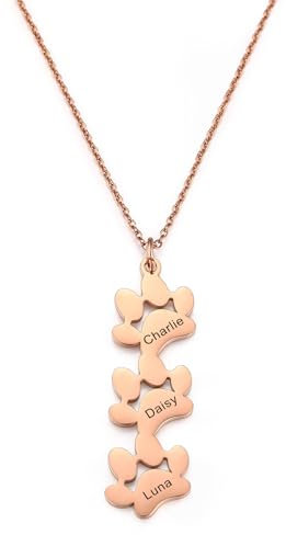 MeMeDIY Personalisierte Hund Pfote Halskette mit Eingraviertem Namen Pfoten-Halskette aus Edelstahl/925er Sterlingsilber 1-4 Katzen Pfoten-Halskette Haustier-Gedenkschmuck (Rose Gold 3)