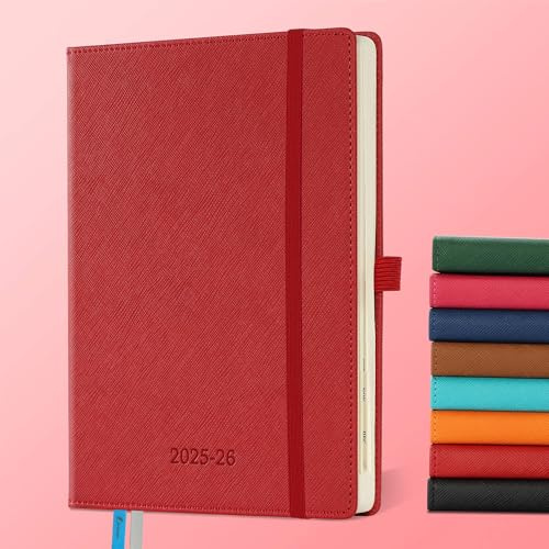 IN-LUXPRO Kalender 2025 2026 Wochenplaner,18-Monate Buchkalender (Jul.2025-Dez.2026) Monatskalender mit Ausgaben & Notizseiten A5(21.9 x 16.4 cm),mit Vegan-Leder & Notizseiten,Rot.
