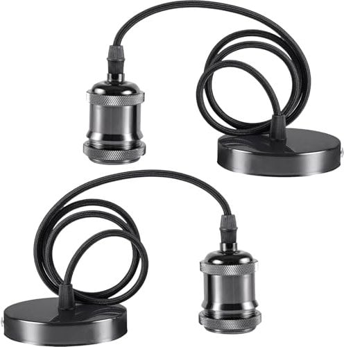 Seruno Lampara Cuerda Techo E27 Portalámpara de Metal Para Lámparas Colgante,con Cable Ajustable 100CM, Casquillos para Bombillas E27, Ideal para Isla de Cocina,Cafetería, Sala,Cromo Negro,2 piezas