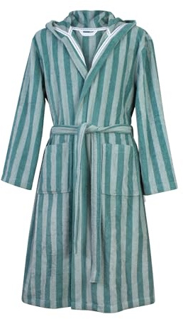 TOM TAILOR Bademantel für Damen und Herren, Gr. XL, 100% Baumwolle/Frottier, mit Kapuze, CLASSIC BATHROBE MEDIUM STRIPES Türkis (Fresh Sage & Smokey Sage)