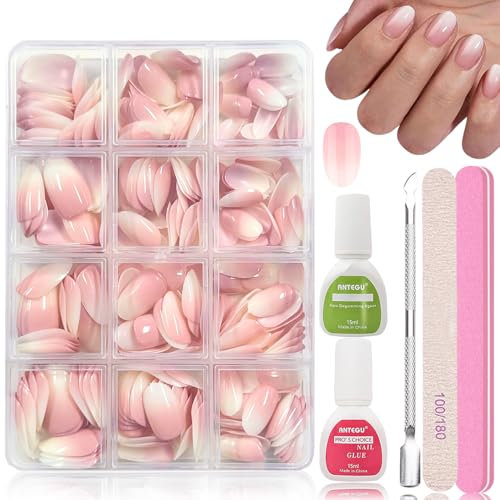 288 Stück Gradient Oval Falsche Nägel Zum Aufkleben Kit, Falsche Nägel Tips Set Weiß Rosa Gradient Design Künstliche Nägel Tips für Maniküre DIY, Fake Nails für Frauen