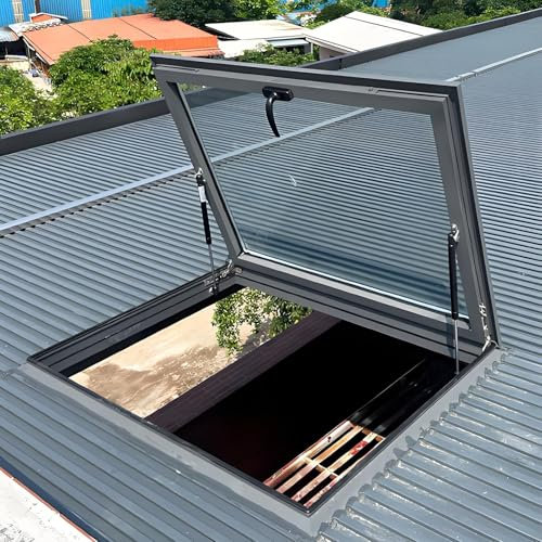 Skylight House Roof Window, Basement Window Well Covers, Egress Roof Window, Sloped Flat Roof Lighting Well Window for Indoor Attic, with Gas Struts & Lock Handle, for Attic/Sun Room(LxW 95x100cm/37.4