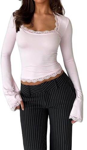 Women's Lace Trim Square Neck T Shirt Y2K Long Flare Cuff Sleeve Basic Tops Elegant Slim Fit Blouse Aesthetic Tee Shirts
