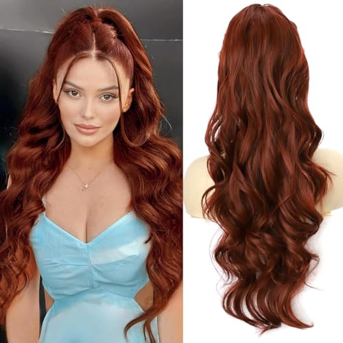 YEESHEDO Pferdeschwanz Haarteil Clip Extensions mit Kordelzug Lang Wellig Kupfer Rot Haarverlängerunge Natürliche Perücke Afro Lockige Ponytail fuer Zopf