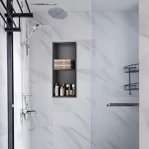 Baodiale Niche de Douche Lumières LED Noir Mat, Niche Murale de Salle de Bain en Acier Inoxydable avec lumière LED, Aucune tuile nécessaire Étagère encastrée pour Mur de Douche