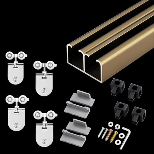 Binario per Porta Scorrevole Doppia Guida in Alluminio con Fermi, Guida per Porta Scorrevole a Scomparsa Montata Superiormente per Porte in Vetro Senza Telaio, Kit Ferramenta per Porta Scorrevole a Sc