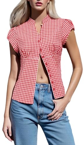 SYHVGI Women Y2k Short Sleeve Button up Plaid Shirt Coquette Summer Tops Retro Gingham Blouse Slim Fit Crop Top (I-Red, S)