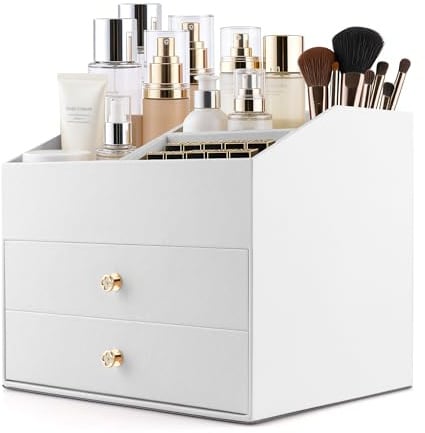 Homeanda Make-up-Organizer aus Kunstleder mit 2 Schubladen – Schreibtisch-Organizer für Kosmetik, Lippenstift, Hautpflege und Schmuck (weiß)