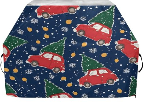 Premium Grillabdeckung, wasserdicht, farbecht, Grillabdeckung, strapazierfähig, passend für Grillbreiten bis zu 63,5 cm, Weihnachtsbaum-Wagen-Muster
