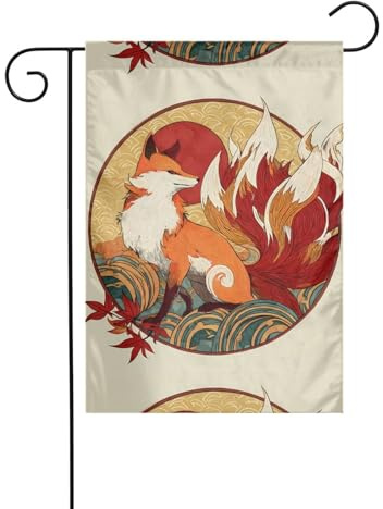 Gartendekoration Gartenflagge 30,5 x 45,7 cm WHJDPP Rote Sonne neunschwanziger Fuchs bedruckt dick und verschleißfest für Garten Blumentöpfe und Rasen