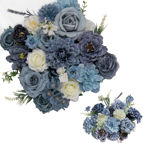 TINGE TIME Fleurs Artificielles Fleurs Soie Roses Pivoines Dahlia Fausse Fleur Decoration avec Tige pour Bouquet de Mariage, Arrangement Floral, Bébé Douche, Fête Gâteau Maison Décoration (Bleu)
