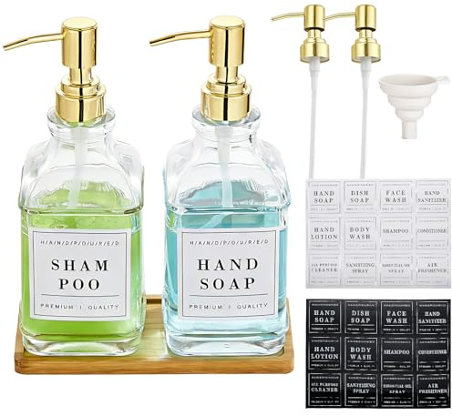 Pollock 2 Pcs 500ml Glass Soap Dispenser with 304 Stainless Steel Pump, Rustproof, Hand and Dish Soap Dispenser, with Waterproof Labels and Tray, for Bathroom, Kitchen, Countertop, Laundry Room, Gold