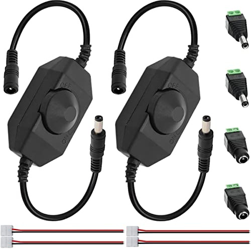 HAAMNING7 LED Strip Light Dimmer Switch DC 12V Controller for Single Color 3528 5050 LED Strip Light, with DC 5.5 x 2.1mm Jack Adapter Cable Dimmable LED Controller, 2 PCS