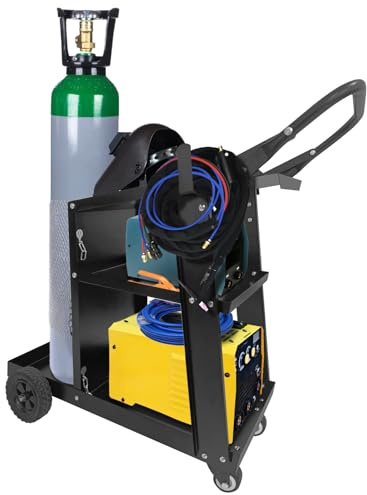 Welding Cart, 3-Tier Welding Trolley on Wheels, Heavy Duty Welder Cart for MIG TIG & Plasma Cutter, 100kg Capacity Rolling Metal Tool Trolley, Garage Equipment & Gas Bottle Storage