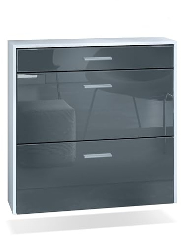 InnoFurn hängender Schuhschrank Roma Air Schmal mit 2 Klappen und 1 Schublade, Platzsparender Schuhkipper Flurschrank für Diele Flur Garderobe, Weiß matt/Grau Hochglanz (89 x 87 x 23 cm)