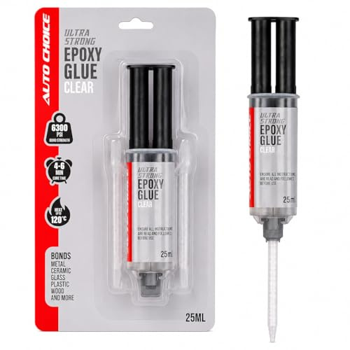 Auto Choice Clear Epoxy Glue 25ml PMEGC25 – High Strength 6300 PSI Adhesive, Heat Resistant to 120°C, Dual Cartridge with Mixing Nozzle