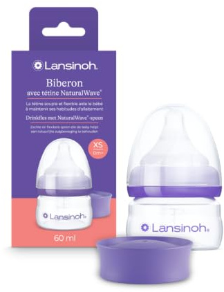 Lansinoh Babyflasche mit NaturalWave Sauger XS, 60 ml | Flasche für Neugeborene ab 0 Monaten, Anti-Kolik-Ventil, BPA-frei, auch für Stillbabys geeignet