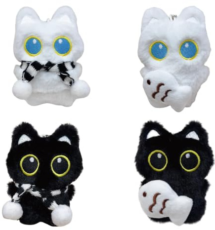 Zhixan 4x Plüsch Schlüsselanhänger Katze, Taschen Rucksäcke | Süße schwarze & weiße Katzenanhänger mit Fisch & Schal, weiche Plüsch, niedliche Kätzchen Deko, Katzenliebhaber