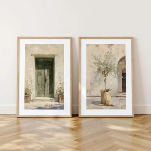 GOSRD Mediterraner Innenhof, Kunstdruck auf Leinwand, Olivenbaum-Motiv, Wanddekoration fürs Wohnzimmer (70 x 100 cm - 2 Stück/Innenrahmen)