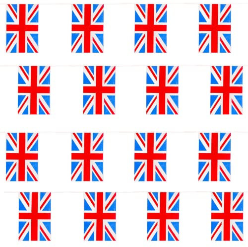 Bandierine con bandiera del Regno Unito, 10 m, 20 bandierine in plastica per tutte le condizioni atmosferiche, decorazione per l'incoronazione dei re, eventi sportivi interni ed esterni, feste di