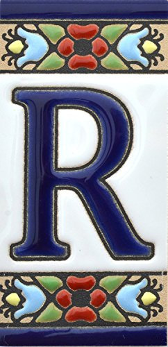 funky global Spanish, Hand painted polichrome ceramic tiles. letters and numbers handpainted using dry rope technique perfect to create signs,addresses and names. Design FLORES MINI (LETTER R)