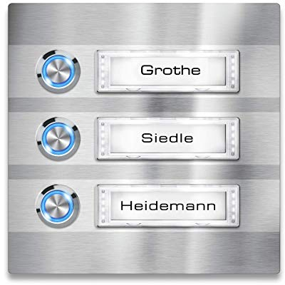 Metzler Türklingel - 3-fach Klingelplatte aus Edelstahl - Namensschild austauschbar - mit LED-Taster und Beleuchtung (optional) (Namensschild mit Beleuchtung, LED-Taster Blau)