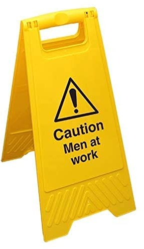 Englisches Schild mit Aufschrift „Caution Men At Work, doppelseitig, Gelb