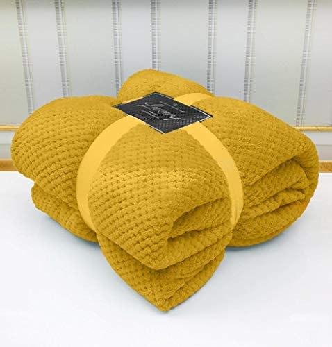 Artistic Fashionista* Luxury POPCORN Super Soft Fleece Waffle Blanket Throw Ideal for Sofa Bed Settee 130x150cm (Ochre/Mustard, Single - 130x150cm)