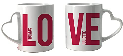 CADEAUX.COM - Lot de 2 Mugs Personnalisés - Love - Mugs Blancs En Céramique - Résiste Au Micro-ondes Et Lave Vaisselle - Idée Cadeau Personnalisé Avec Prénom - Cadeau Saint-Valentin