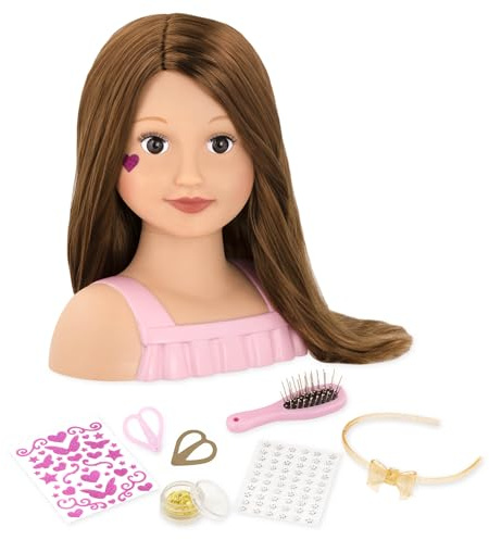 Our Generation Puppen-Stylingkopf Talia mit braunem Haar | Puppen-Stylingkopf mit Bürste, Haarreif, 2 Haarspangen, Glitzer und Stickerbögen für Frisuren und Dekoration, Talia, 3+ Jahre