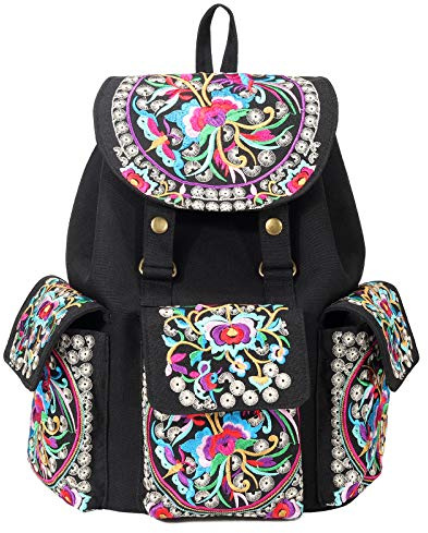 SILKAREA Vintage Embroidered Floral Ethnic Backpack for Women Handbag Shoulder Bag Mini Travel Purse