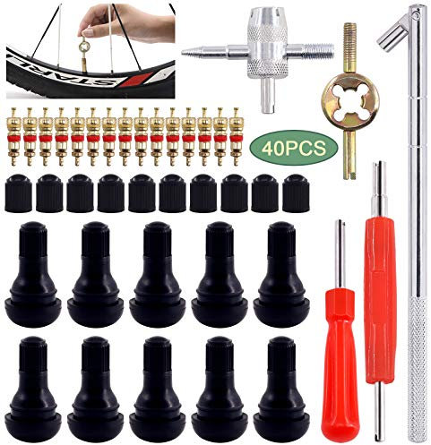 Keadic 40Pcs Tire Valve Core Removal Repair Tools Set, Includes TR412 Snap-in Valve Stems & Caps with Valve Stem Cores, 4 Way Valve Core Remover Installer Tool & Dual Single Head Valve Core Remover