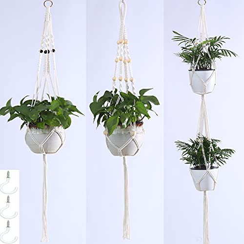 Makramee-Pflanzenhänger mit 3 Haken, Makramee-Wandbehang, handgefertigt, zum Aufhängen, Blumentöpfe, Ständer, für Innenraum, Decke, Fenster, Dekoration, 3 Packungen