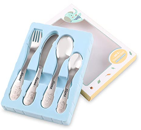 Customize Any Name Children'S Tableware Stainless Steel 4-Piece Set/Children'S Tableware/Toddler Utensils/Tableware-1 X Fork, 1 X Safety Knife, 2 X Table Spoon-Carved Animal Design (Silver)