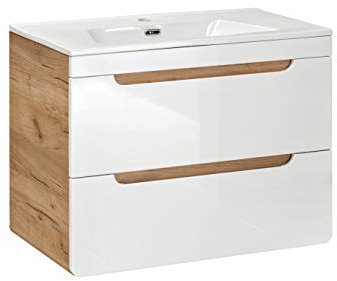 Aruba White Waschbeckenunterschrank 80 cm mit Waschbecken im Lieferumfang enthalten, Waschbeckenunterschrank zum Aufhängen, Farbe weiß glänzend, moderne Badezimmermöbel