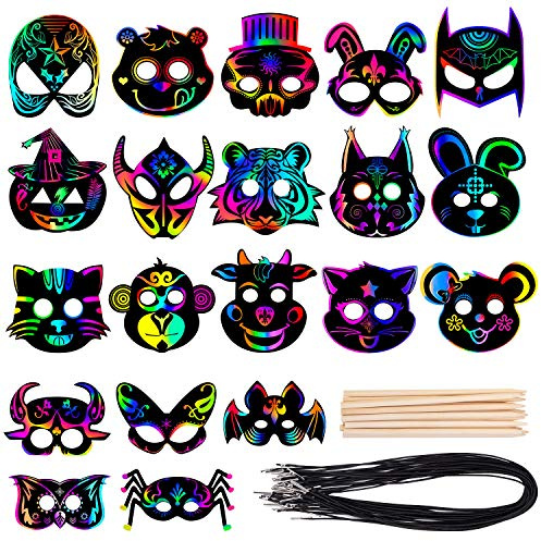 FFWHKON Masken-Bastelset für Kinder, 52 Stück, magische Kratzpapier-Tiermasken, DIY-Regenbogen-Kratzkunst-Masken für Halloween und Tiere, Geburtstagsparty