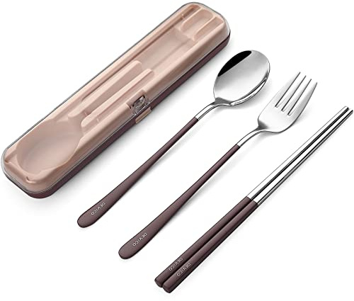 DEVICO Travel Utensils with Case, 18/8 Stainless Steel Silverware for Lunch | 4Pcs Portable Reusable Travel Cutlery Set, Korean Chopsticks Fork and Spoon Set for Camping/Picnic/Work/Gadgets/School, Brown