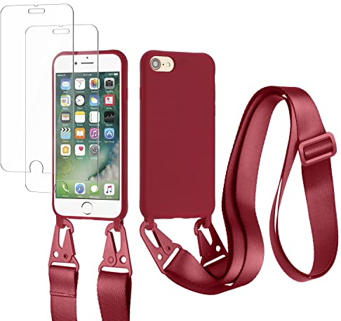 vrupin Coque Compatible avec iPhone 6/6S/7/8 Plus+[2 pcs Protecteur d'écran],Étui en Silicone Liquide, avec Sangle réglable, Collier et Cordon de Serrage—Rouge