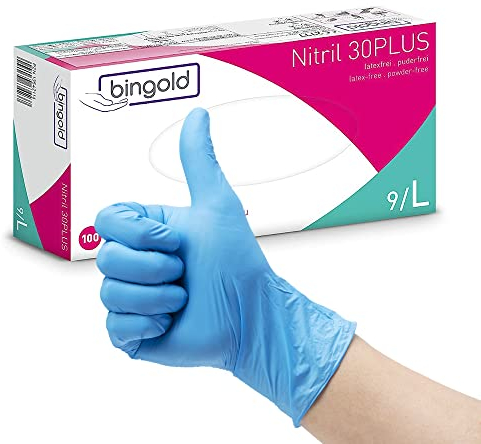 Generisch BINGOLD Nitril 30PLUS Einmalhandschuhe, Nitrilhandschuhe, 10x100 Stück, 1000 Stück, Größe L, blau, puderfrei, latexfrei, unsteril, lebensmittelecht