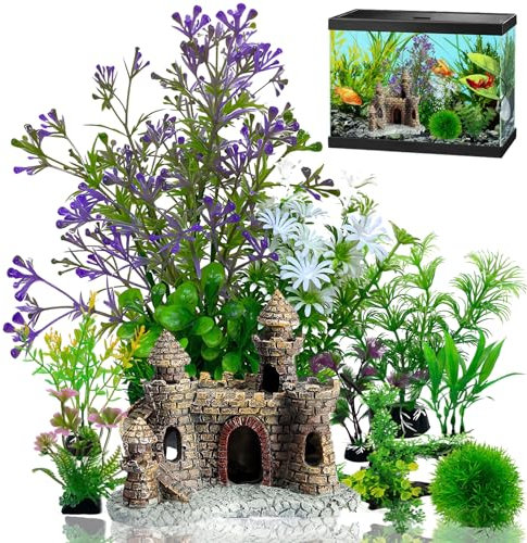 Naturezhen 9 Piezas Plantas Artificiales de Acuario, Decoracion para Acuarios, Plantas Plástico Peceras, Roca de Poliresina, Se Puede Utilizar en Peceras y Acuarios