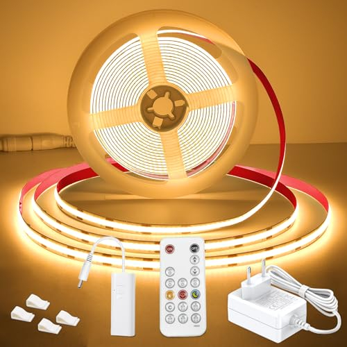 WOBSION Striscia LED Cucina COB 5 Metri Dimmerabile con RF Telecomando,Bianco Caldo Strisce Kit 3000K per Festa,la Casa,Bar,Camera e Armadio,24V GS Alimentatore Luminoso Luci da 320LEDs/M,CRI90+