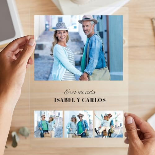 Transparent Gift Placa Collage de Fotos con Textos personalizada. Placa de metacrilato con Base o Marco. Regalos Originales para Parejas. Regalos personalizados para San Valentín y Aniversario