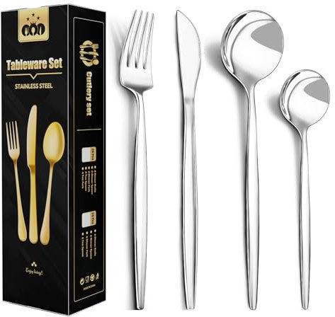 Wivico Cutlery Set for 6 People,24 Piece Stainless Steel Flatware Silverware Set,Spoons Knives and Forks Set,Mirror Polished Tableware Set,Dishwasher Safe,Gift for Christmas,Birthday