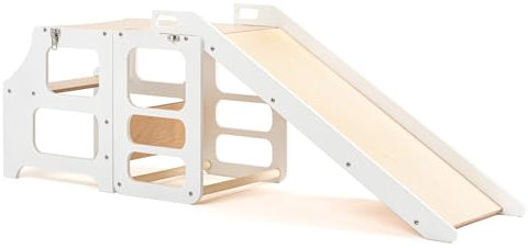 Duck Woodworks Torre di Apprendimento Montessori 3 in 1 per Bambini – Si Trasforma in Tavolo, Sedia e Scivolo – Sicura, Compatta e Resistente – Legno di Betulla – Bianco
