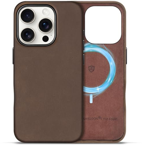 SHIELDON Lederhülle für iPhone 16 Pro, Schutzhülle [Crazy Horse Leder] [Anti-Fingerabdruck] [Leicht] [Magnet Kabelloses Laden] Hülle Kompatibel mit iPhone 16 Pro 5G 6,3 2024 Dunkelbraun