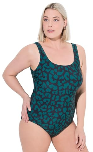 Ulla Popken Damen große Größen Übergrößen Plus Size Badeanzug, Leomuster, ohne Softcups, Rundhals dunkelgrün 42+ 827226455-42+